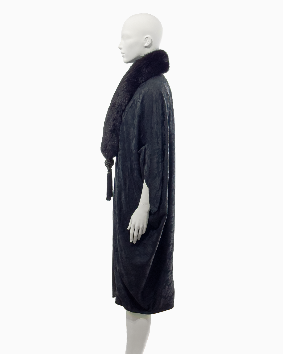 Christian Dior by John Galliano Black Viscose Floral Jacquard Coat with Fox Fur Collar and Ornamental Tassles, Fall/Winter 1998