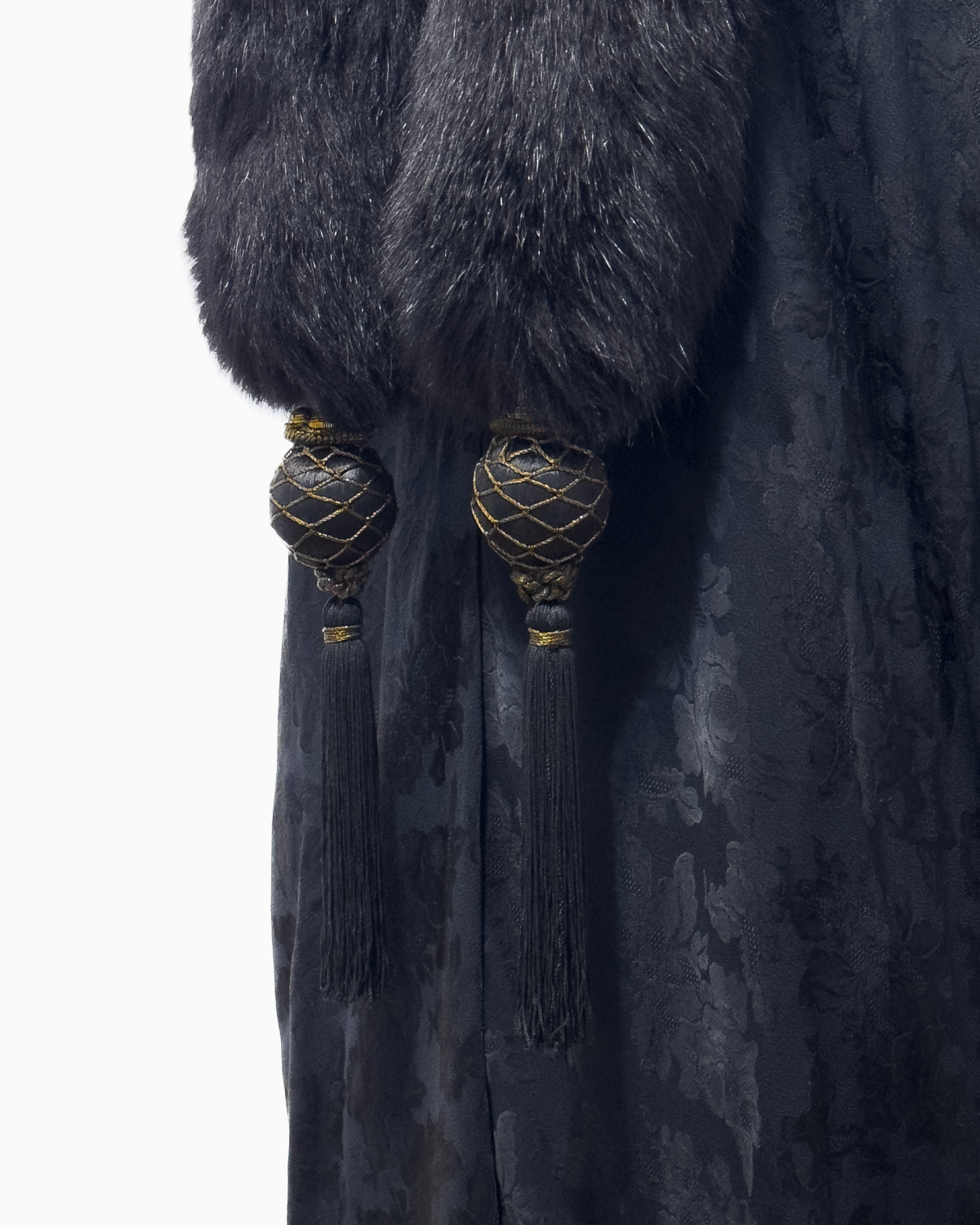 Christian Dior by John Galliano Black Viscose Floral Jacquard Coat with Fox Fur Collar and Ornamental Tassles, Fall/Winter 1998