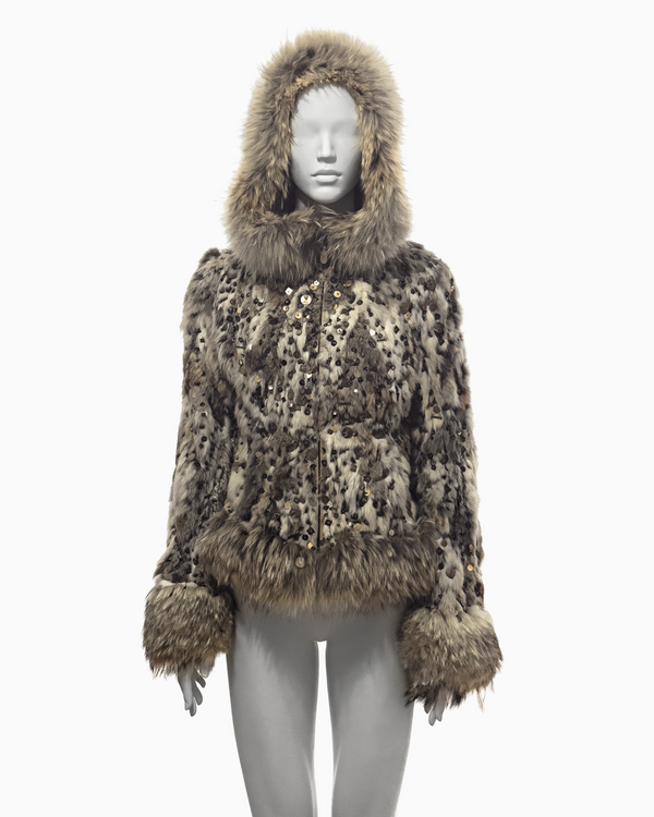 Alexander McQueen Beige Rabbit and Fox Fur Hooded Jacket with Bronze, Metal and Sequin Beads Embroidery, Fall/Winter 2003