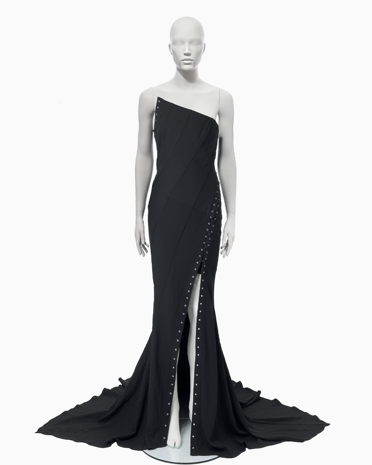 John Galliano Black Bias-Cut Satin Strapless Corset Dress with Train, Spring/Summer 2000