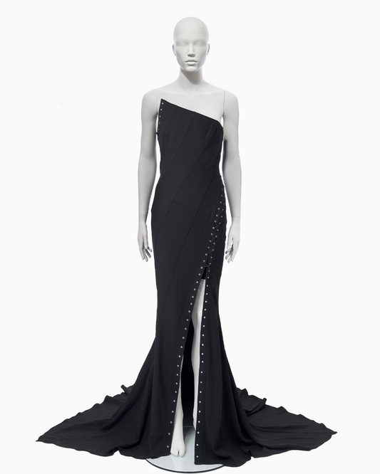 John Galliano Black Bias-Cut Satin Strapless Corset Dress with Train, Spring/Summer 2000