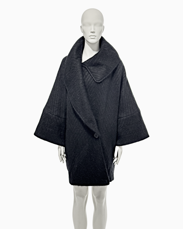 John Galliano Black Mohair Cacoon Coat with Māori Motifs, Fall/Winter 1999 "Māori"