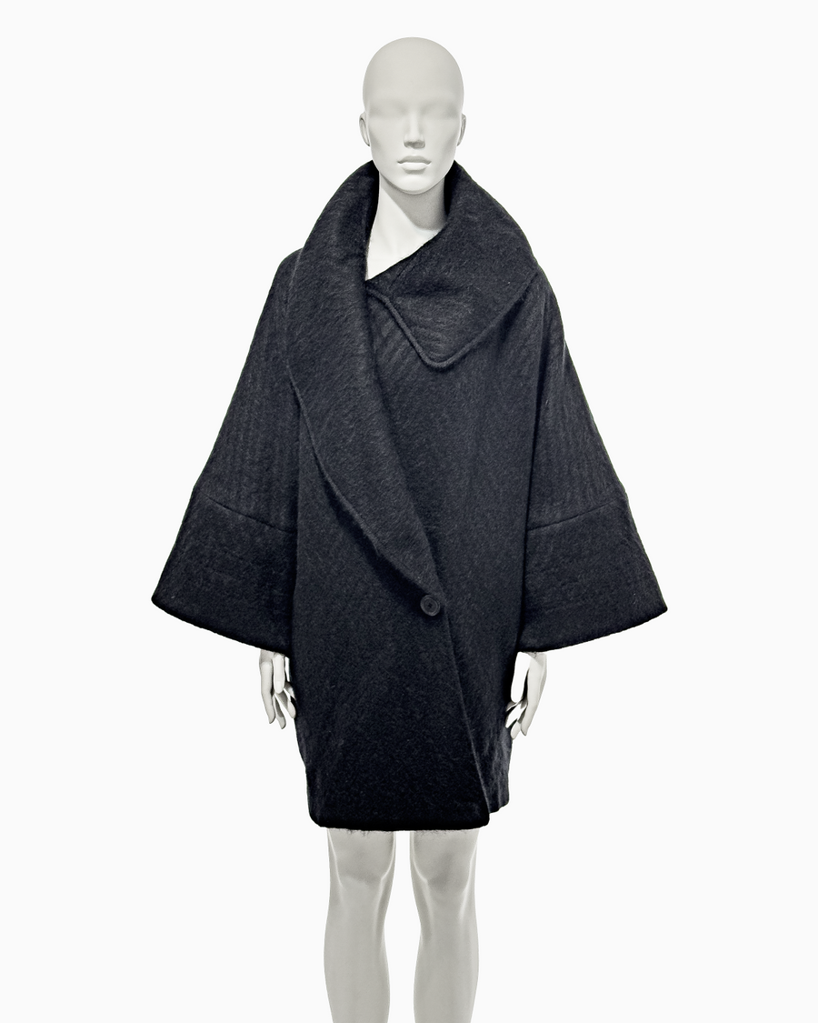 John Galliano Black Mohair Cacoon Coat with Māori Motifs, Fall/Winter 1999 "Māori"