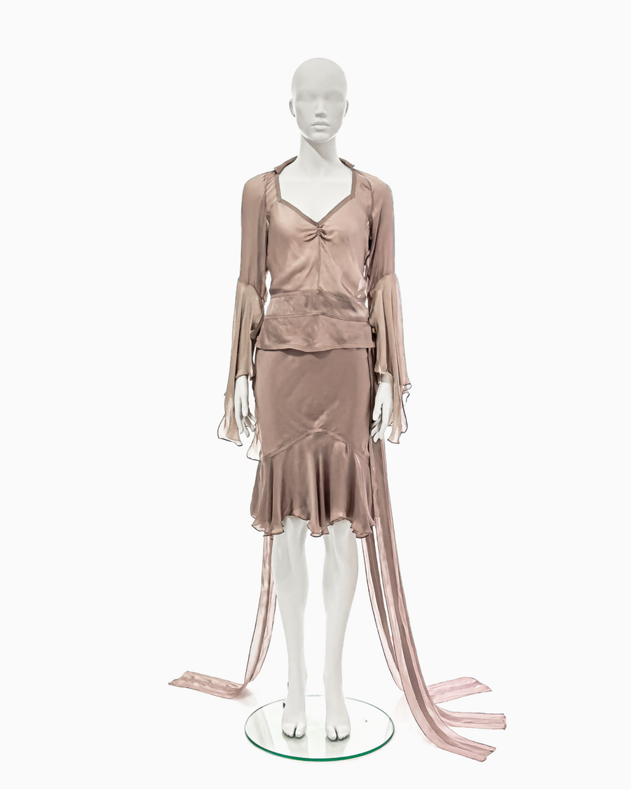 Yves Saint Laurent by Tom Ford Mauve Silk Belted Blouse & Skirt Set, Spring/Summer 2003