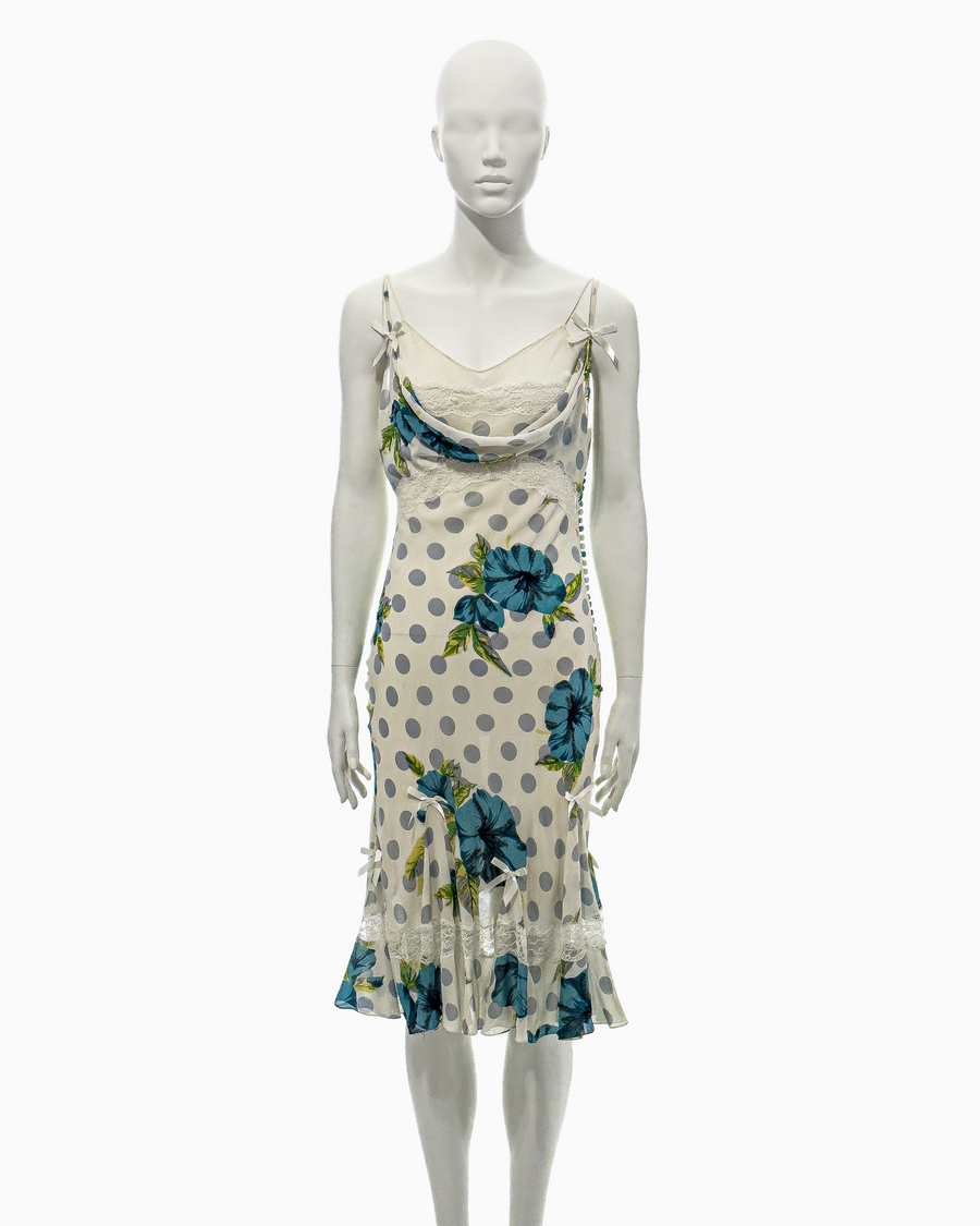 Christian Dior by John Galliano Blue Polka Dotted White Silk Midi Dress with Bows, Lace Details and Sequined Floral Motifs, Spring/Summer 2005