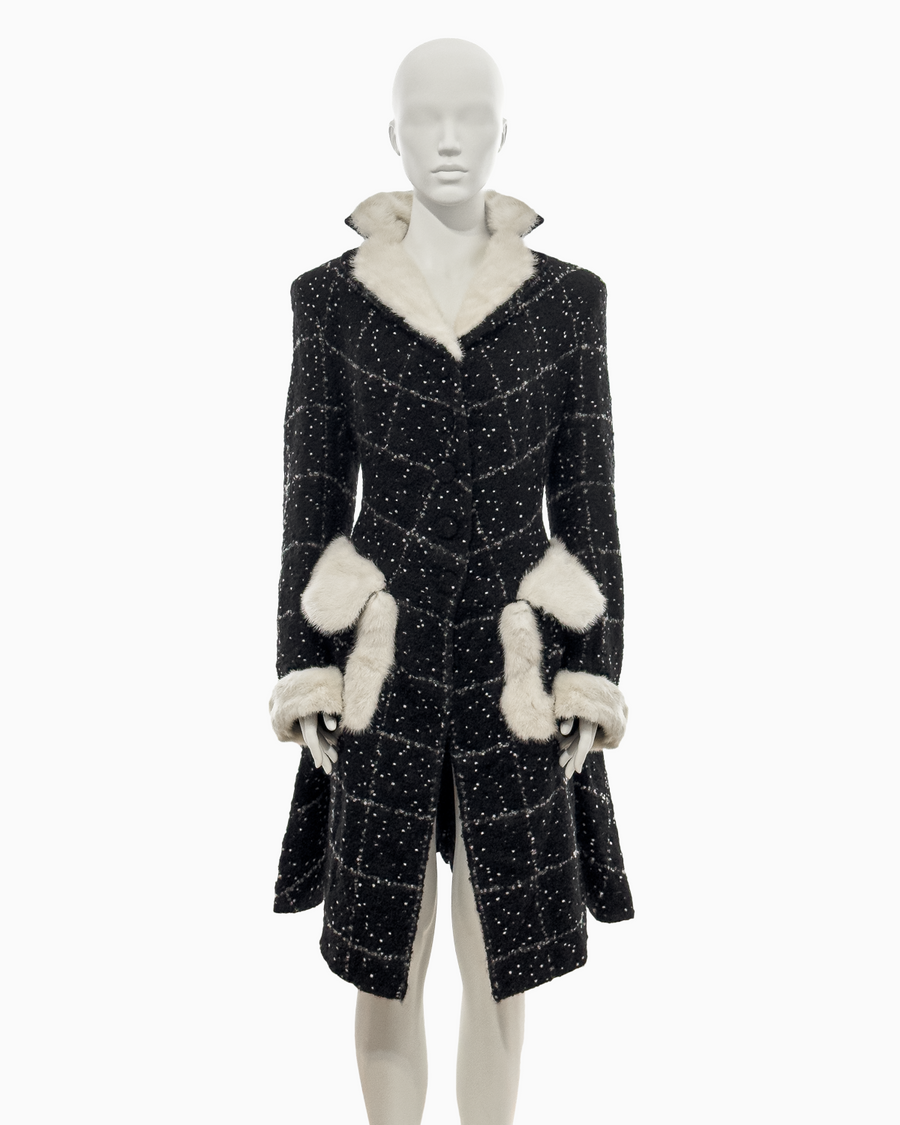 John Galliano Black Checkered Wool Coat with White Speckles and Fox Fur Trimming, Fall/Winter 1996