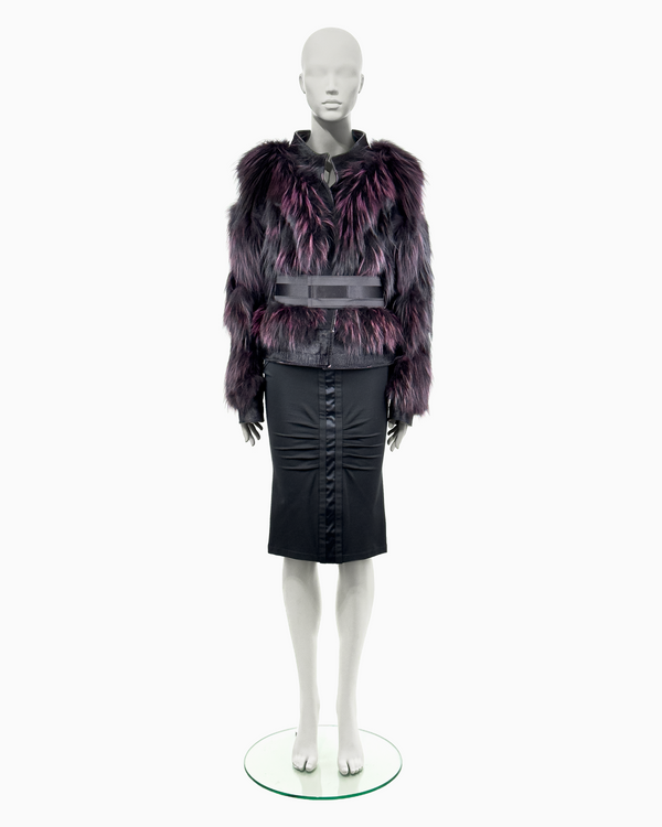 Gucci by Tom Ford Violet Fox Fur Leather Jacket with Corset Belt And Pencil Skirt Ensemble, Fall/Winter 2004