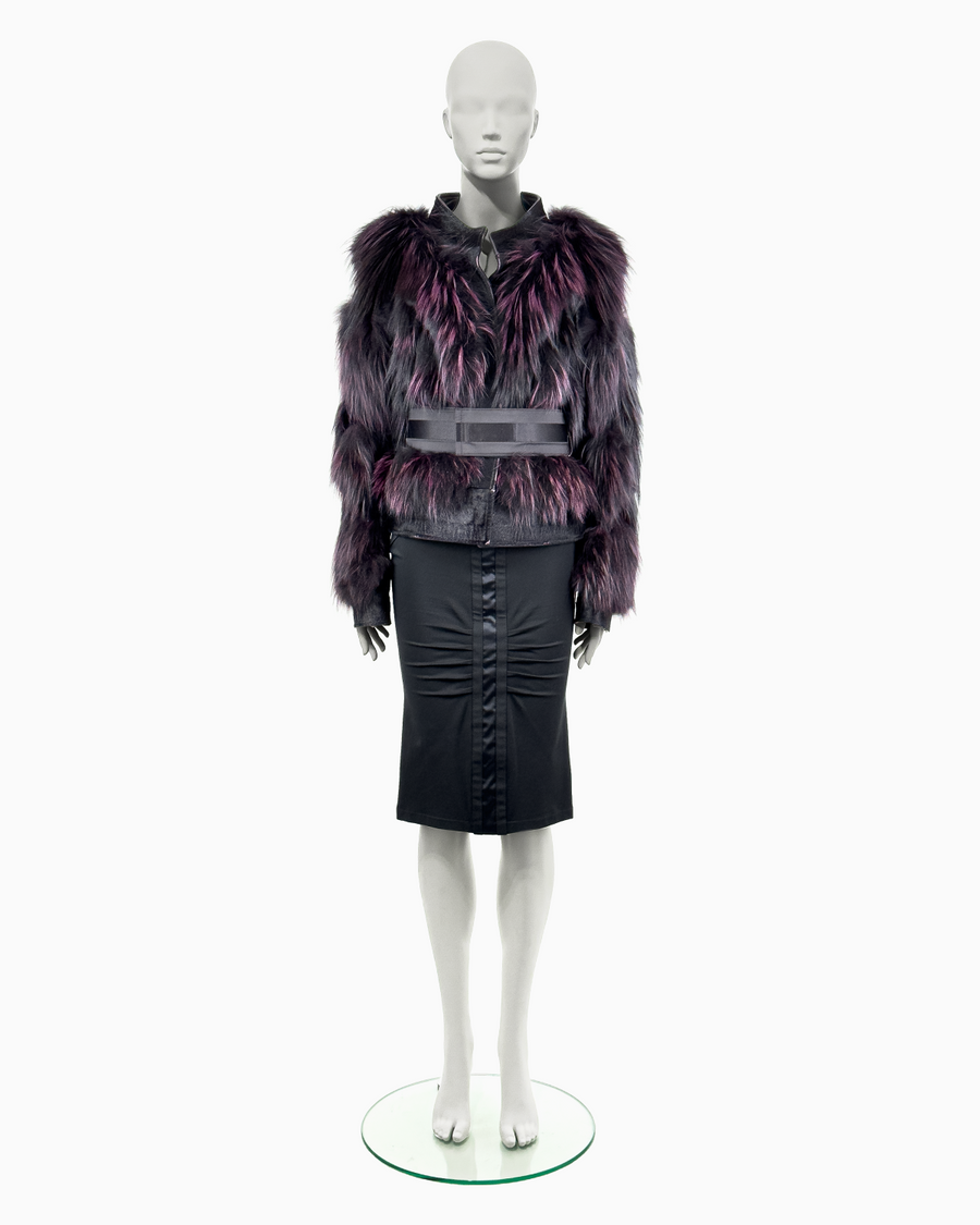 Gucci by Tom Ford Violet Fox Fur Leather Jacket with Corset Belt And Pencil Skirt Ensemble, Fall/Winter 2004