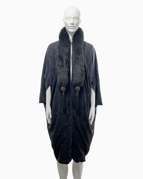 Christian Dior by John Galliano Black Viscose Floral Jacquard Coat with Fox Fur Collar and Ornamental Tassles, Fall/Winter 1998