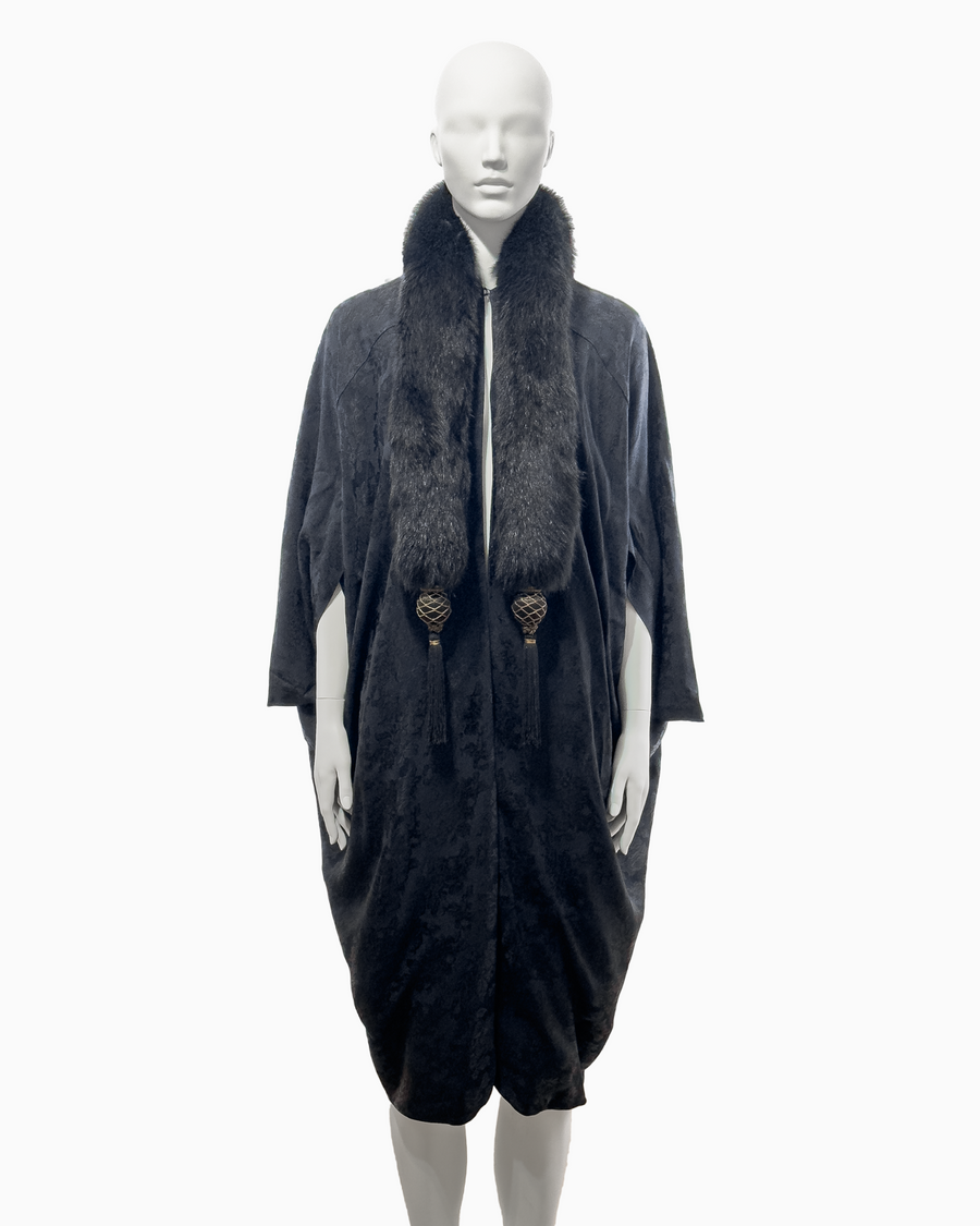 Christian Dior by John Galliano Black Viscose Floral Jacquard Coat with Fox Fur Collar and Ornamental Tassles, Fall/Winter 1998