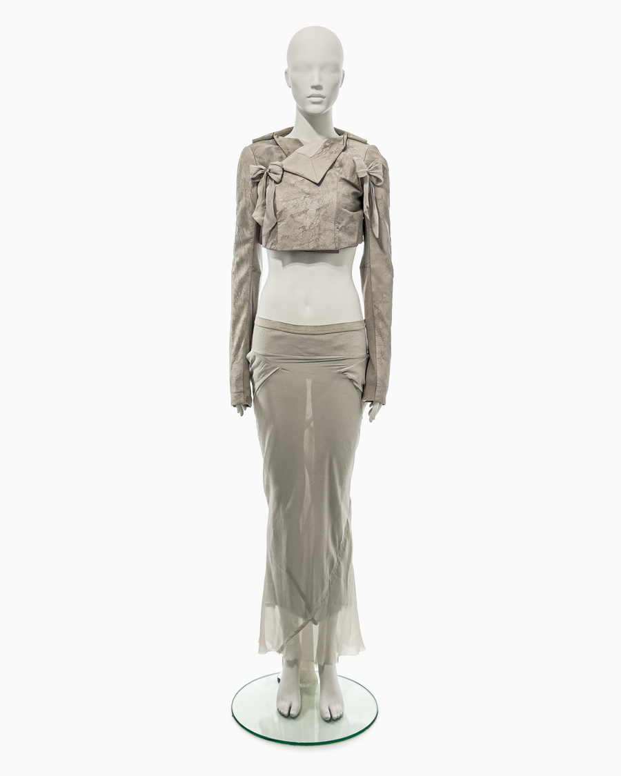 Rick Owens Pearl Blistered Lamb Bolero with Silk Bows and Pearl Bias-Cut Coba Skirt Ensemble, Spring/Summer 2007 "Wishbone"