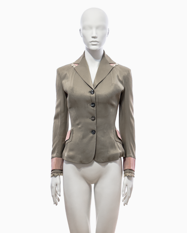 John Galliano Khaki Silk Jacket with Pink Moiré Accents and Lace Trim, Spring/Summer 1995