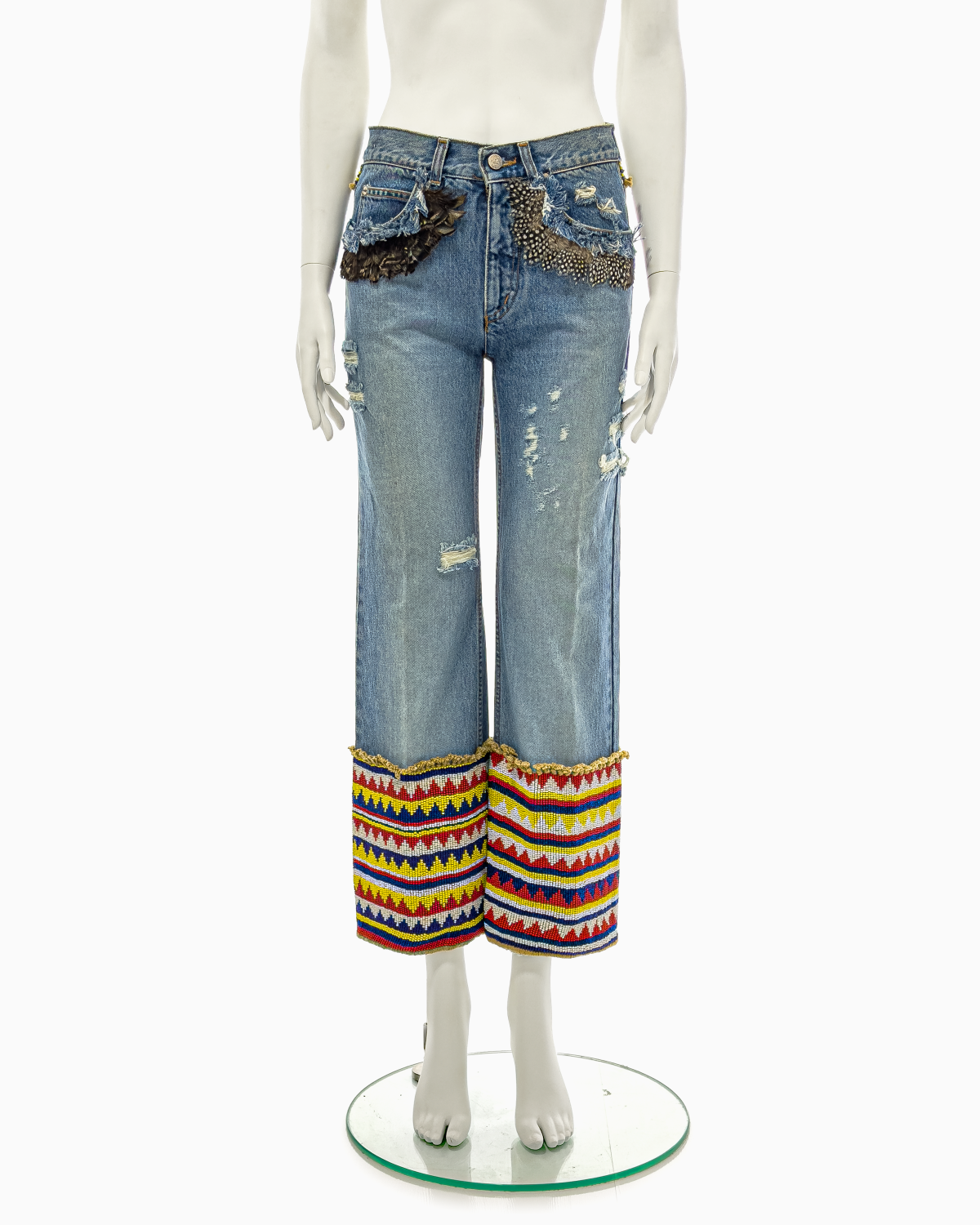 Gucci by Tom Ford Blue Distressed Beaded Jeans with Feathers, Spring/Summer 1999