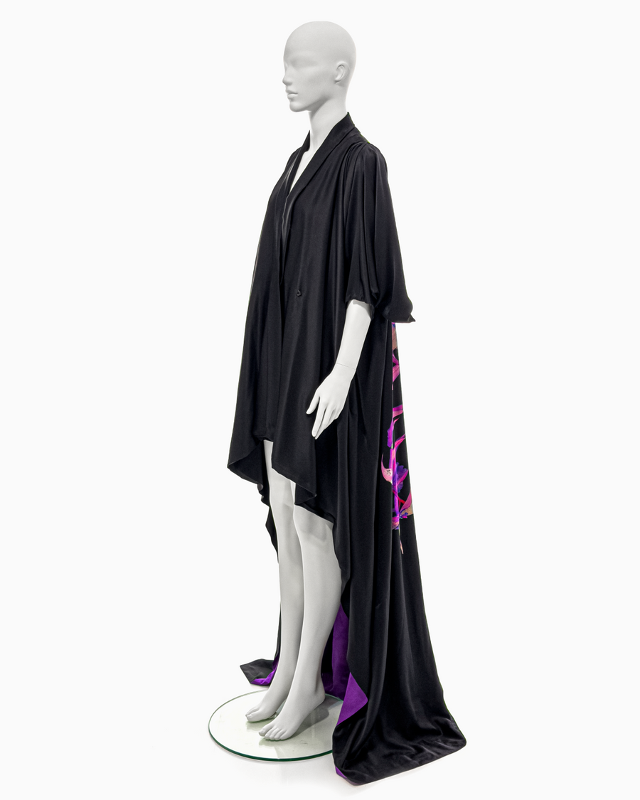 Alexander McQueen Black Silk Kimono Cape with Floral Motif Print, Spring/Summer 2008 "La Dame Bleue"