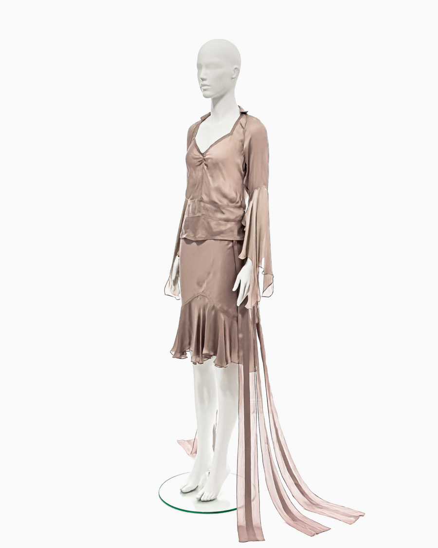 Yves Saint Laurent by Tom Ford Mauve Silk Belted Blouse & Skirt Set, Spring/Summer 2003