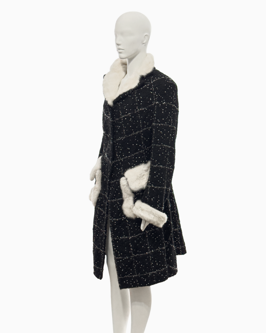 John Galliano Black Checkered Wool Coat with White Speckles and Fox Fur Trimming, Fall/Winter 1996