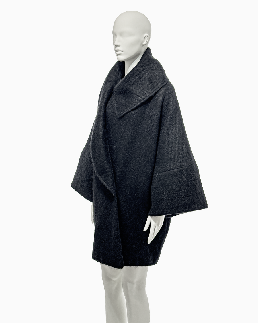 John Galliano Black Mohair Cacoon Coat with Māori Motifs, Fall/Winter 1999 "Māori"