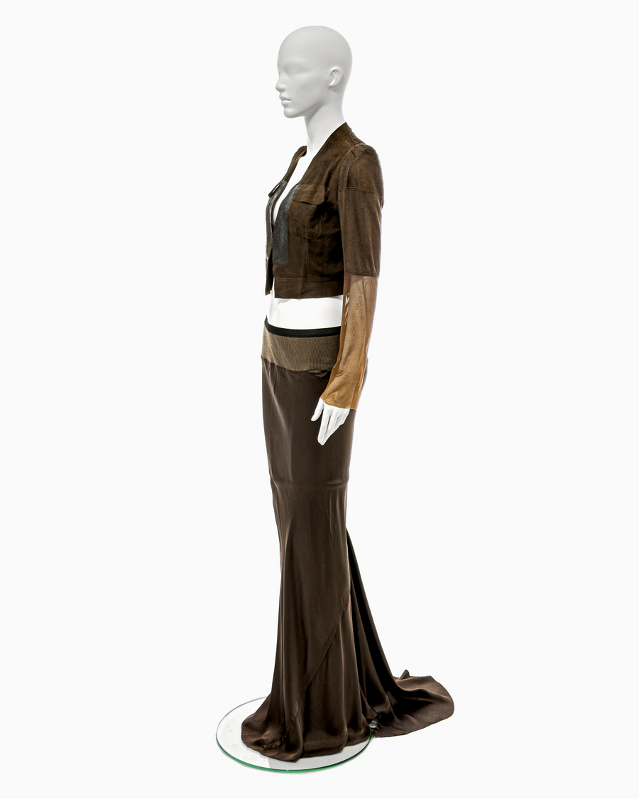 Rick Owens Brown Leather Jacket with Mesh Sleeves and Silk Fishtail Skirt Ensemble, 1997