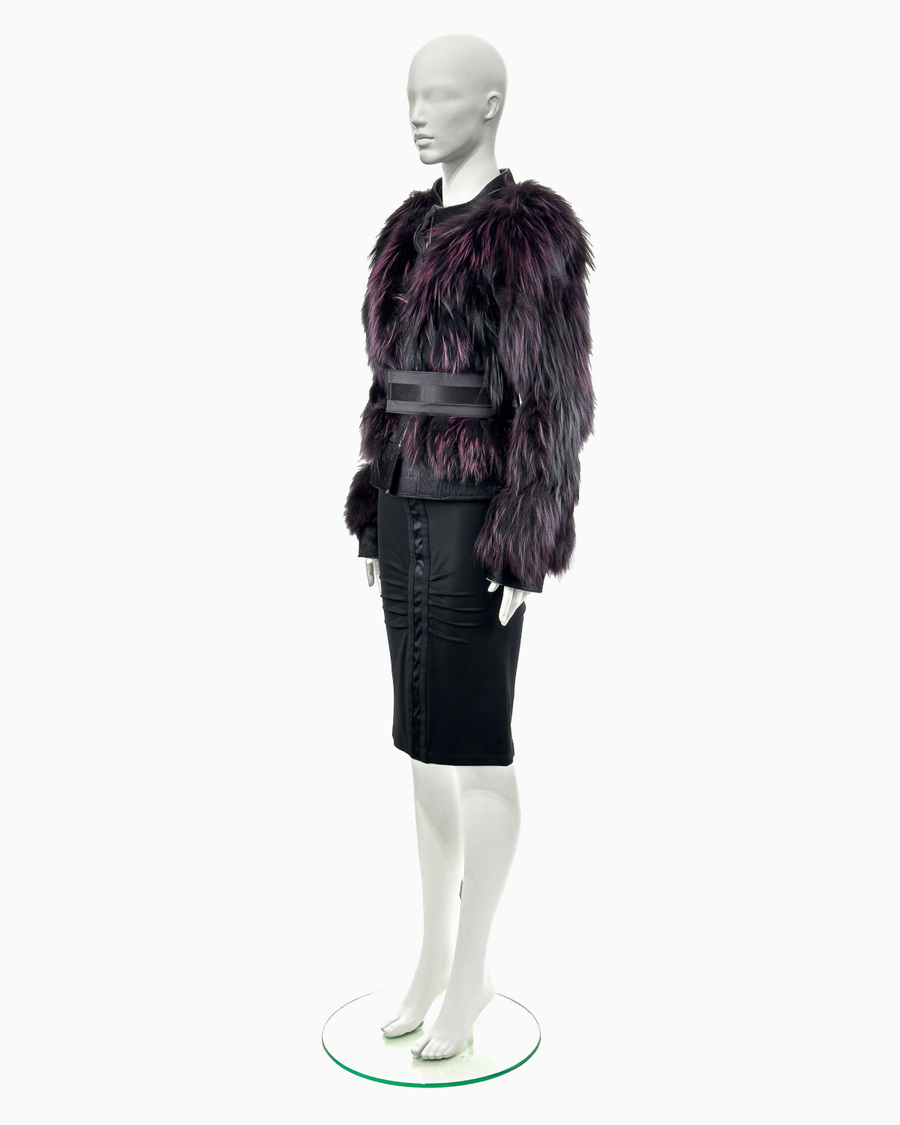 Gucci by Tom Ford Violet Fox Fur Leather Jacket with Corset Belt And Pencil Skirt Ensemble, Fall/Winter 2004