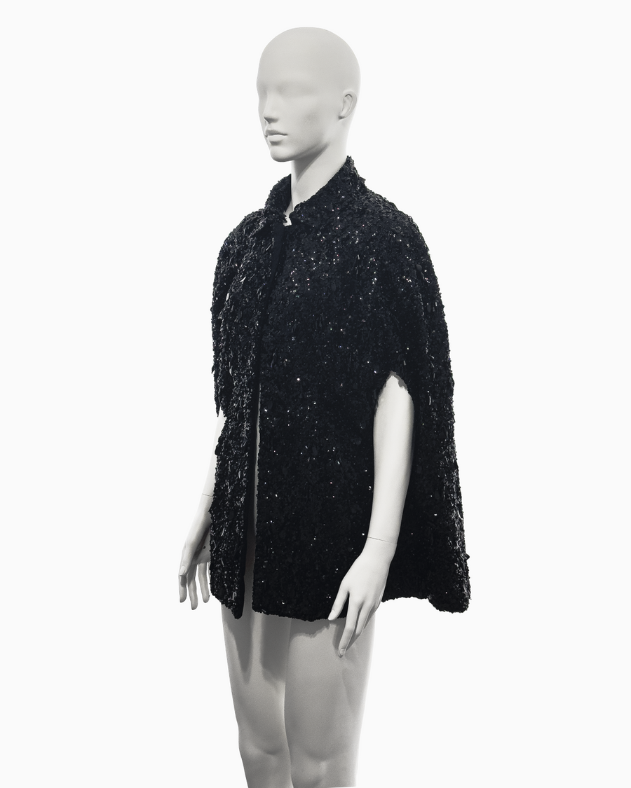 Balenciaga Haute Couture Black Sleeveless Cape with Plastic Glass Sequins and Glass Beads Embroidery, Spring/Summer 1961