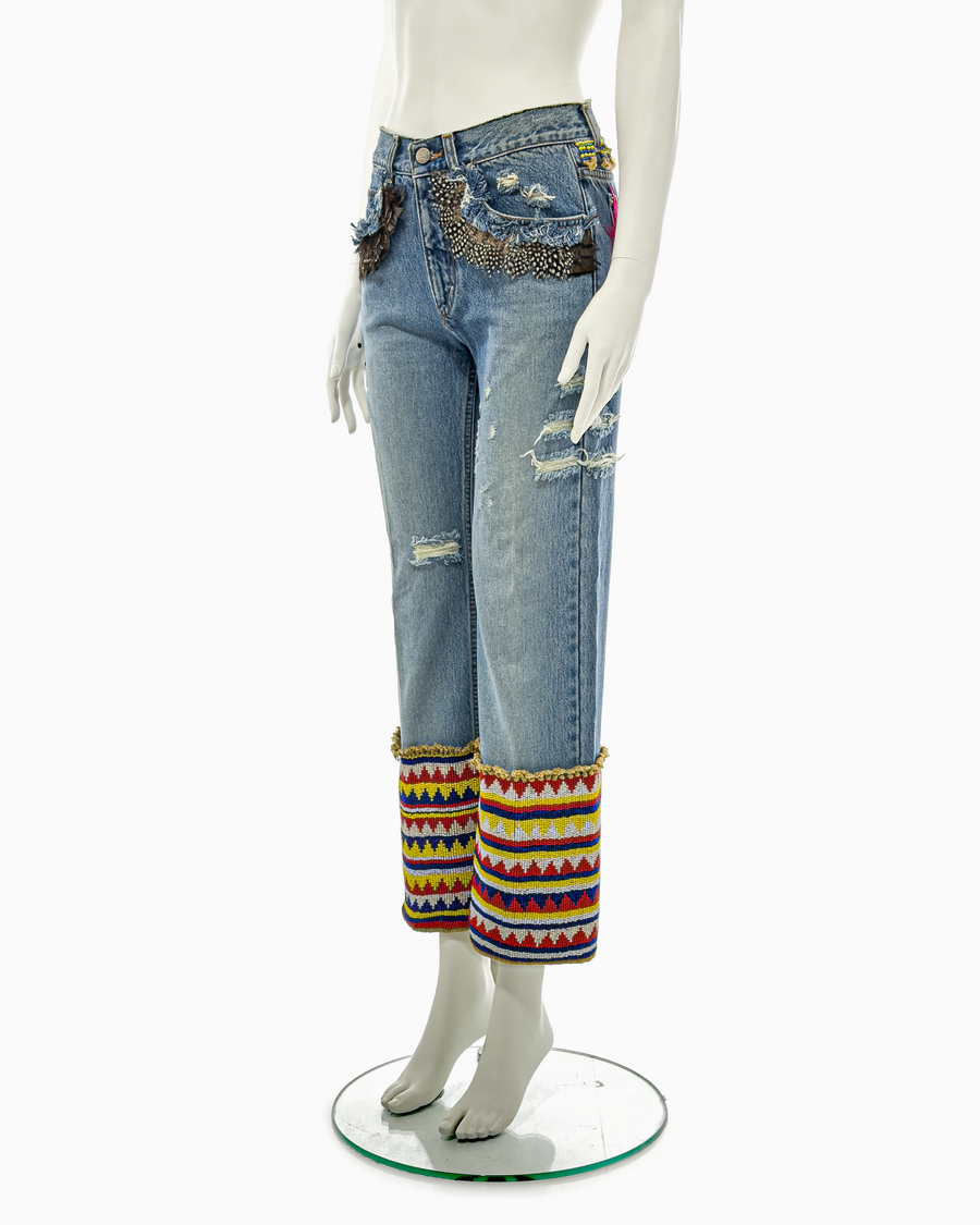 Gucci by Tom Ford Blue Distressed Beaded Jeans with Feathers, Spring/Summer 1999