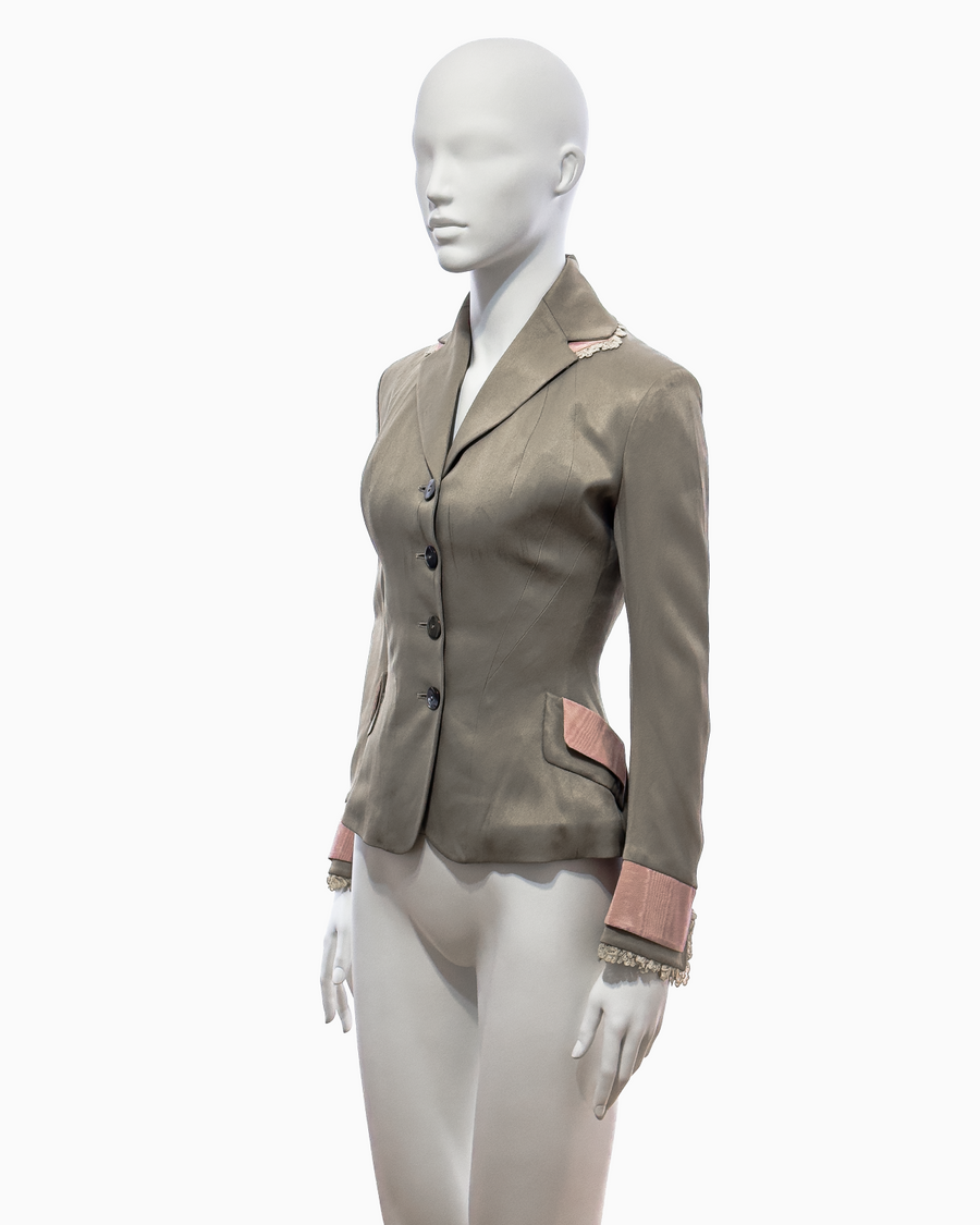 John Galliano Khaki Silk Jacket with Pink Moiré Accents and Lace Trim, Spring/Summer 1995
