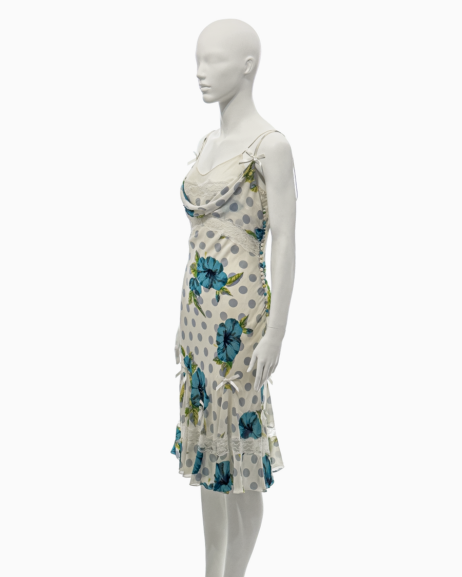 Christian Dior by John Galliano Blue Polka Dotted White Silk Midi Dress with Bows, Lace Details and Sequined Floral Motifs, Spring/Summer 2005
