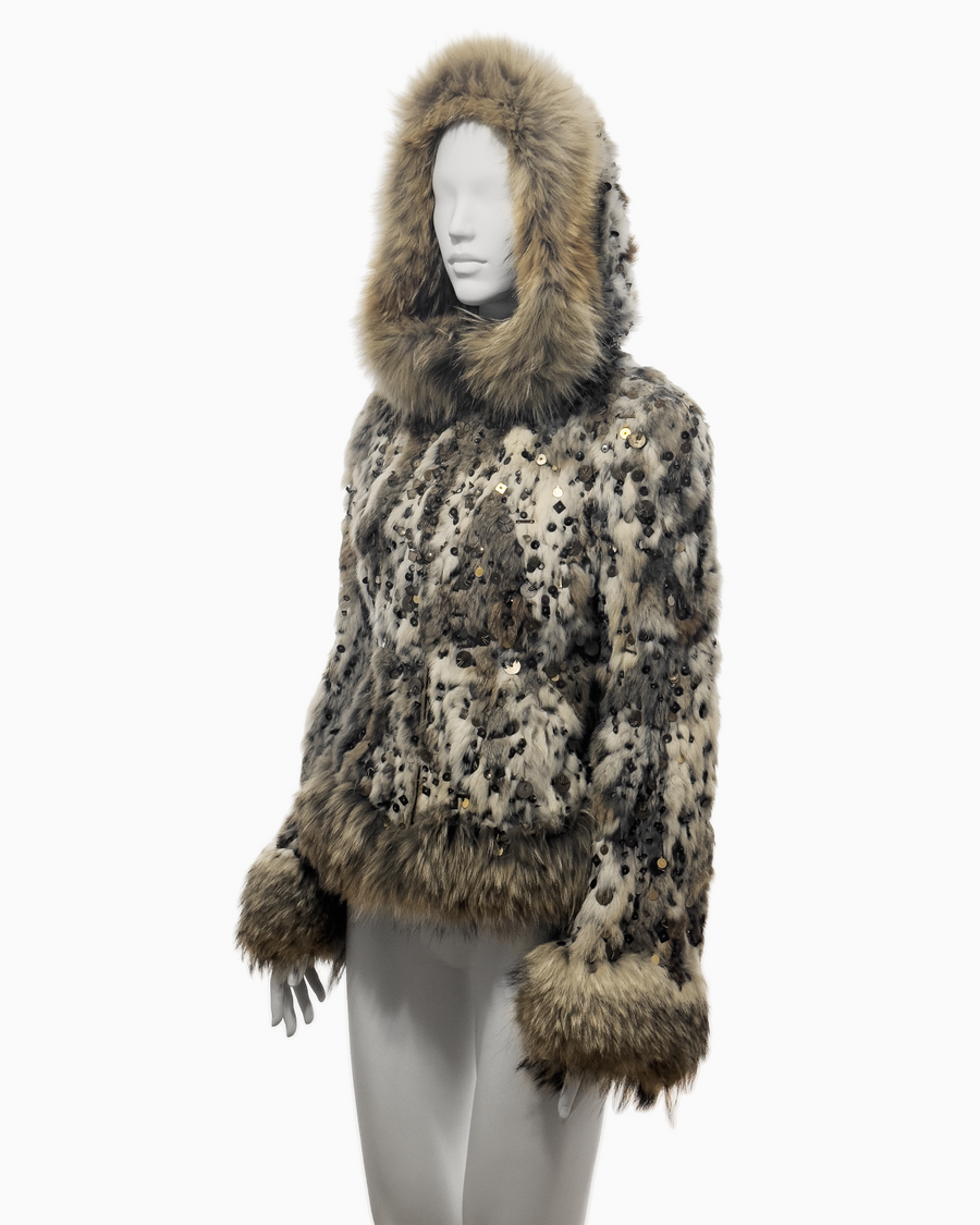Alexander McQueen Beige Rabbit and Fox Fur Hooded Jacket with Bronze, Metal and Sequin Beads Embroidery, Fall/Winter 2003