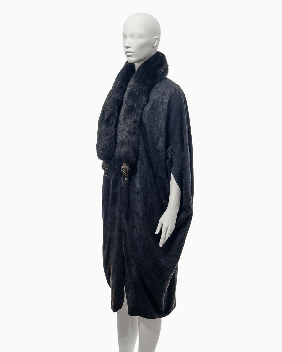 Christian Dior by John Galliano Black Viscose Floral Jacquard Coat with Fox Fur Collar and Ornamental Tassles, Fall/Winter 1998