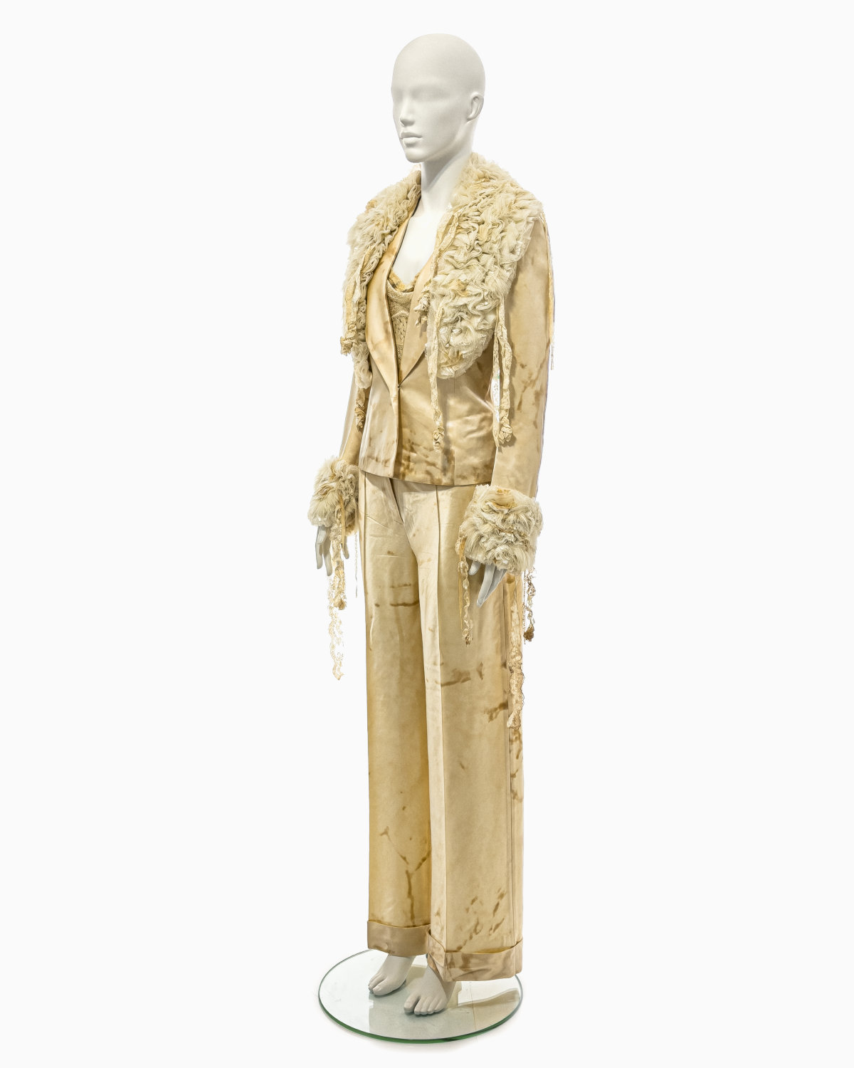 John Galliano Tea-Stained Cream Silk Top, Jacket and Pant Ensemble with Mongolian Lamb and Antique Lace Details, Fall/Winter 2001