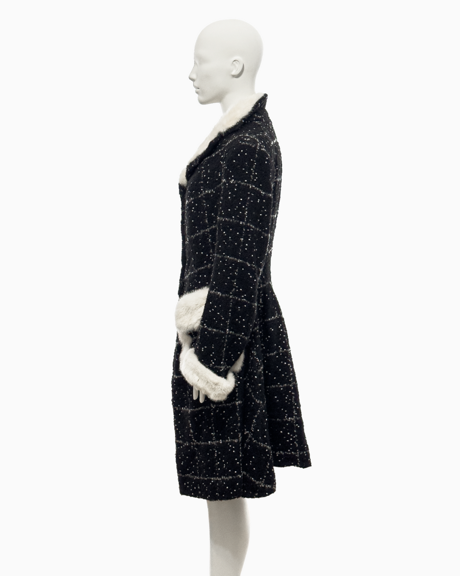 John Galliano Black Checkered Wool Coat with White Speckles and Fox Fur Trimming, Fall/Winter 1996