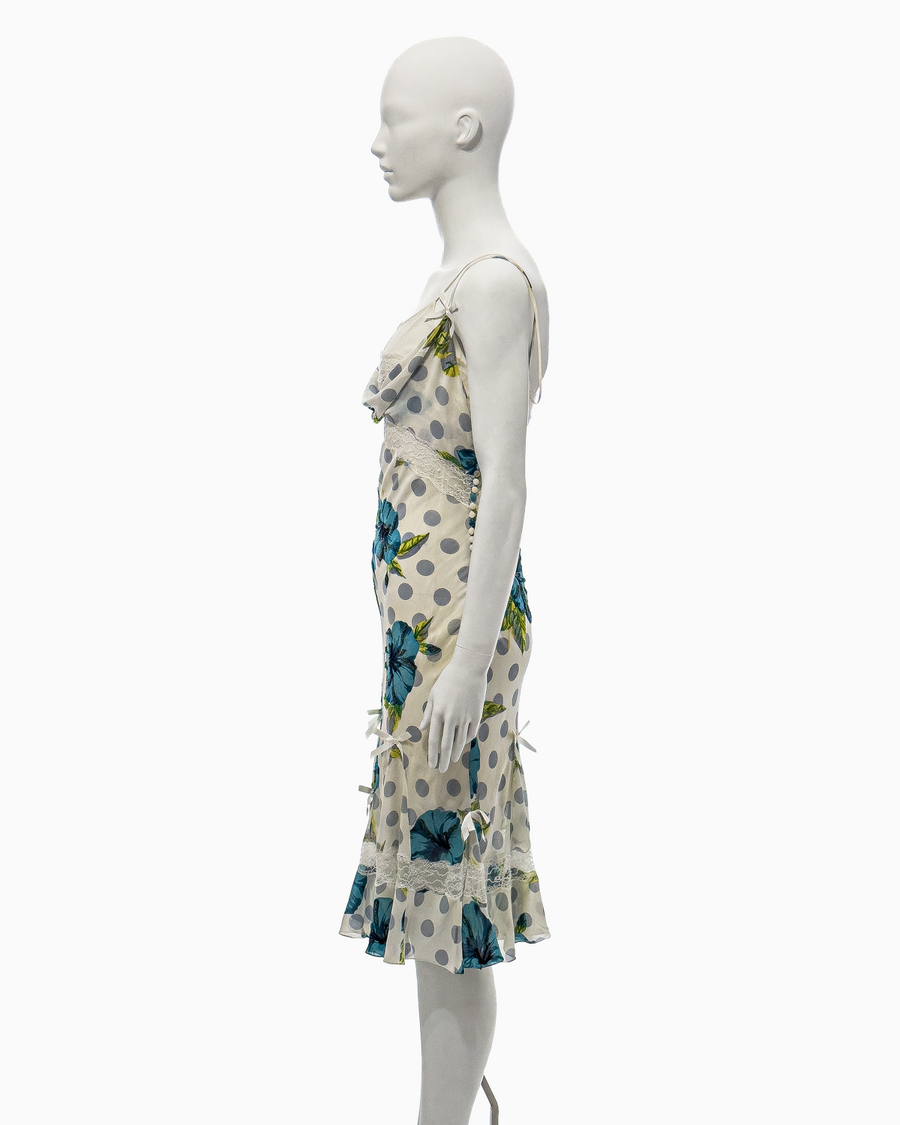 Christian Dior by John Galliano Blue Polka Dotted White Silk Midi Dress with Bows, Lace Details and Sequined Floral Motifs, Spring/Summer 2005