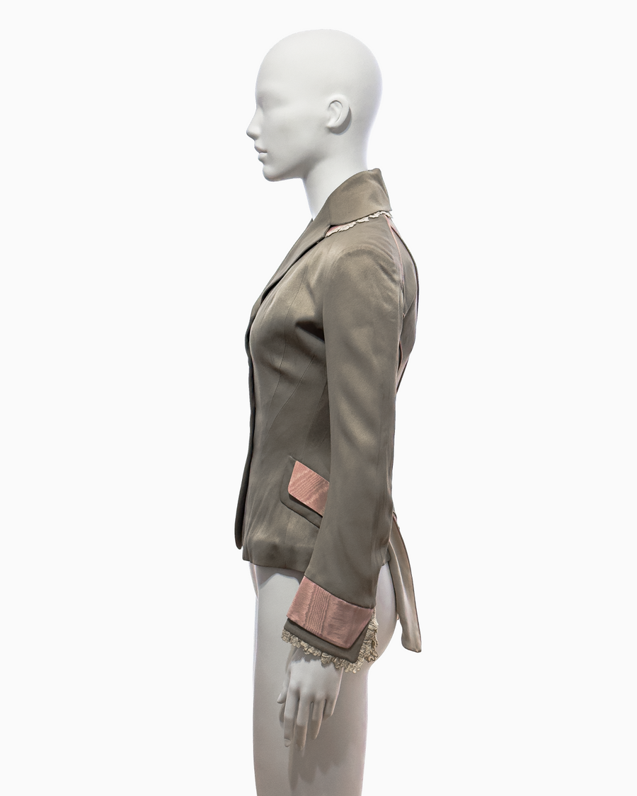 John Galliano Khaki Silk Jacket with Pink Moiré Accents and Lace Trim, Spring/Summer 1995