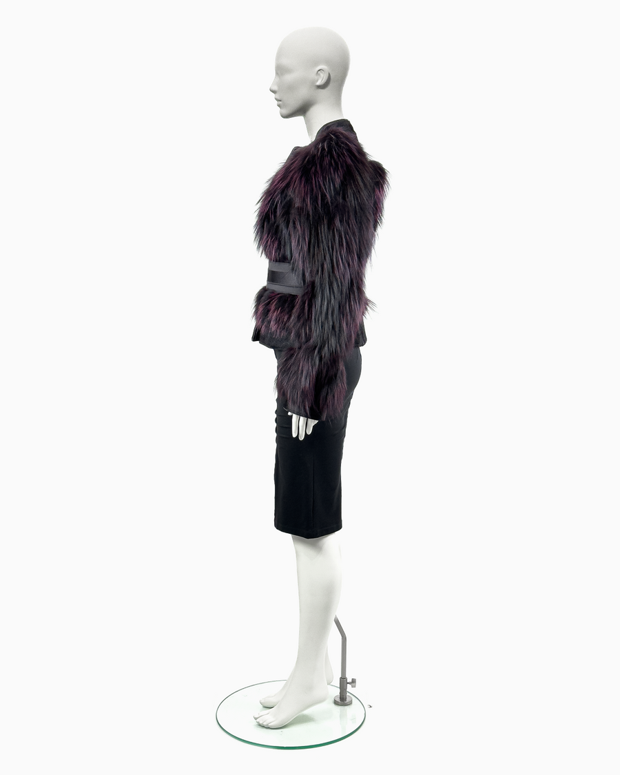 Gucci by Tom Ford Violet Fox Fur Leather Jacket with Corset Belt And Pencil Skirt Ensemble, Fall/Winter 2004