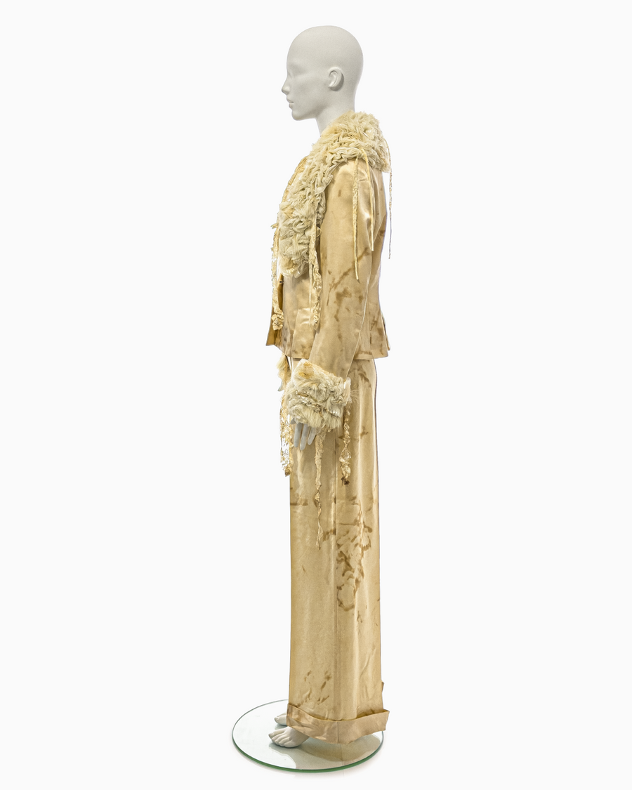 John Galliano Tea-Stained Cream Silk Top, Jacket and Pant Ensemble with Mongolian Lamb and Antique Lace Details, Fall/Winter 2001