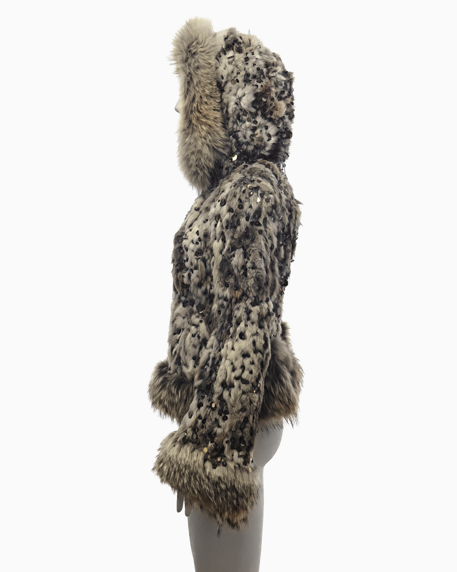 Alexander McQueen Beige Rabbit and Fox Fur Hooded Jacket with Bronze, Metal and Sequin Beads Embroidery, Fall/Winter 2003