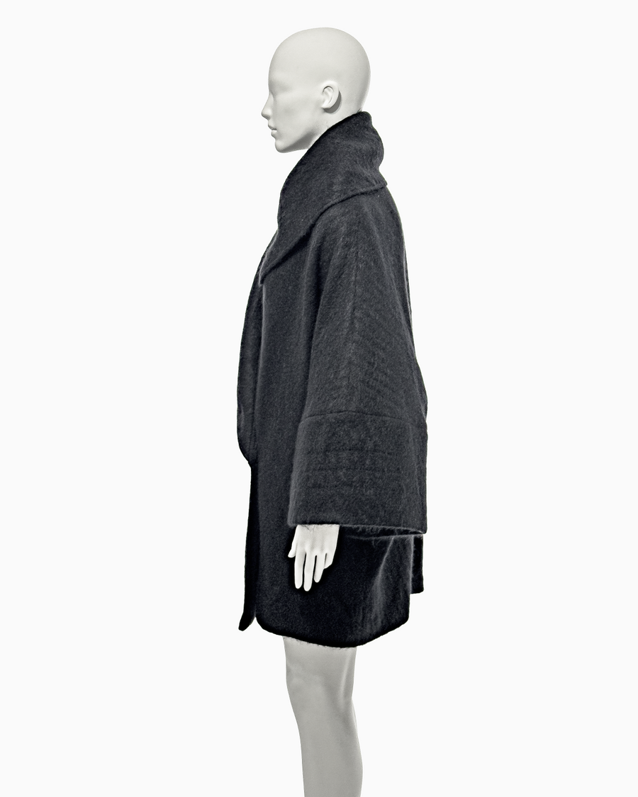 John Galliano Black Mohair Cacoon Coat with Māori Motifs, Fall/Winter 1999 "Māori"
