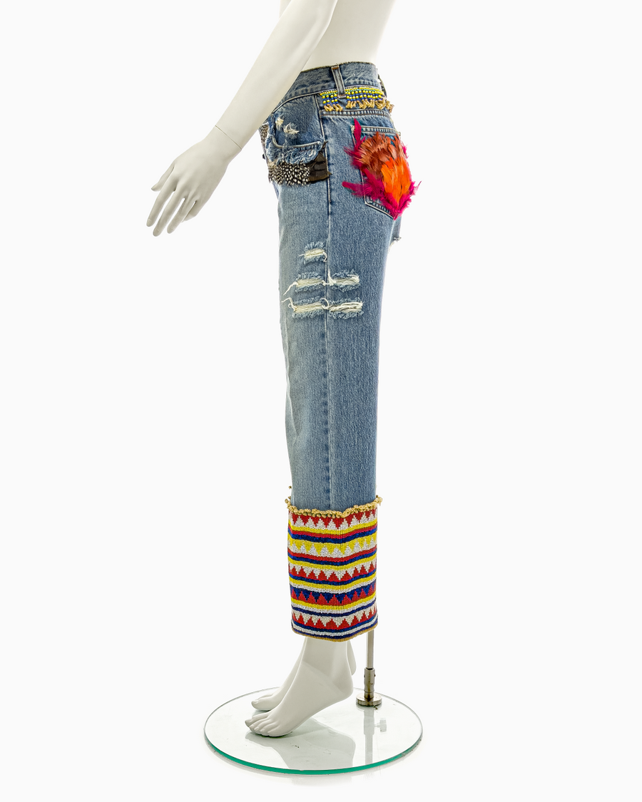 Gucci by Tom Ford Blue Distressed Beaded Jeans with Feathers, Spring/Summer 1999