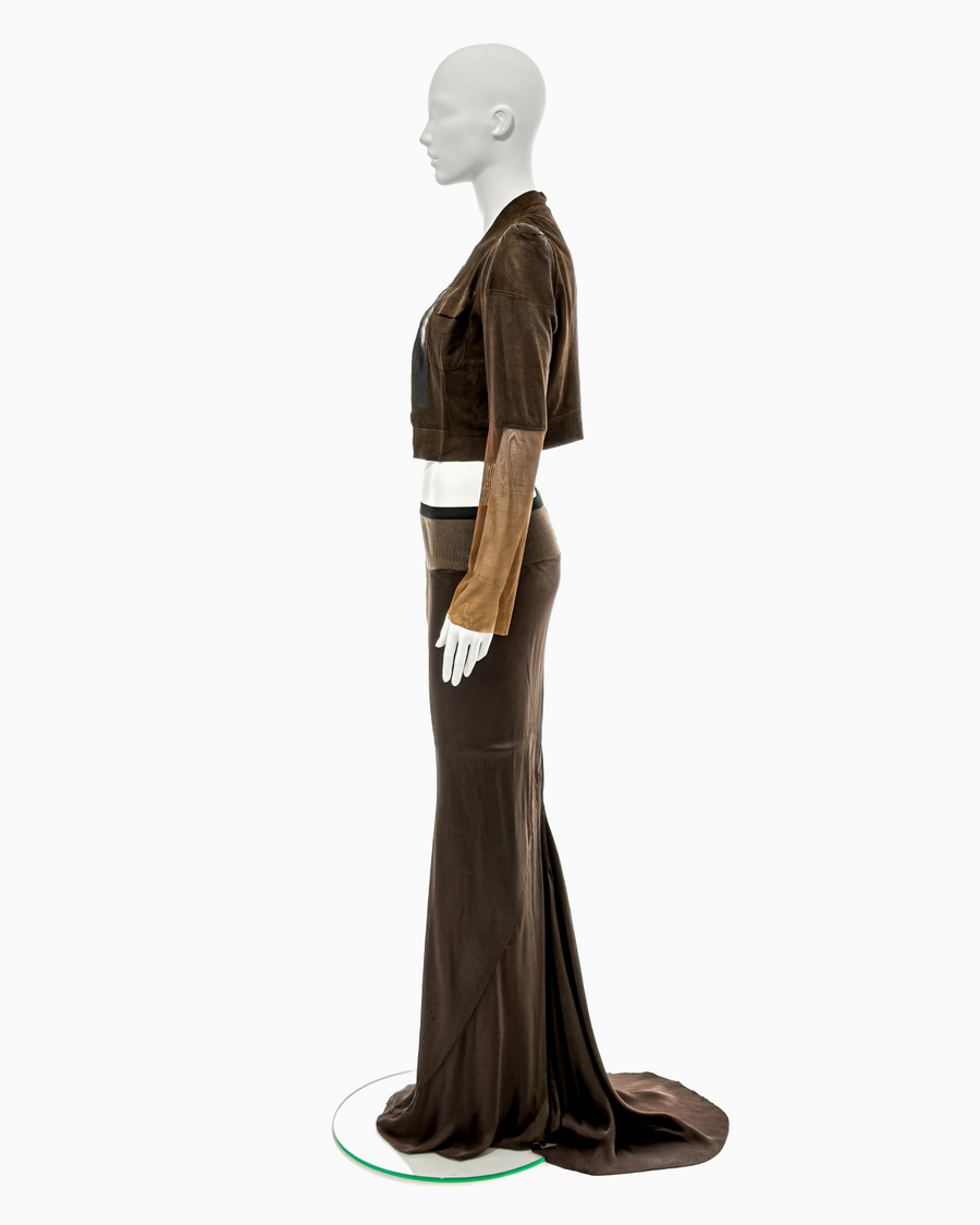 Rick Owens Brown Leather Jacket with Mesh Sleeves and Silk Fishtail Skirt Ensemble, 1997