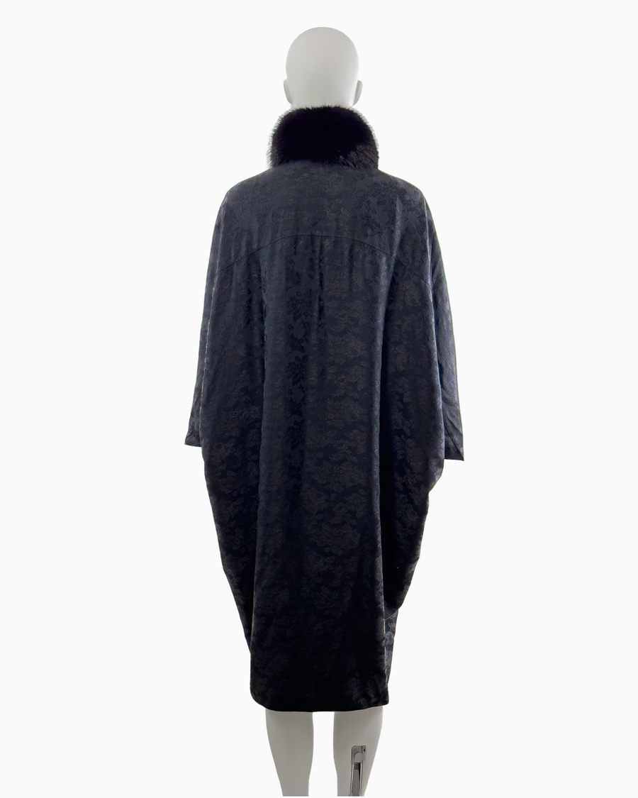 Christian Dior by John Galliano Black Viscose Floral Jacquard Coat with Fox Fur Collar and Ornamental Tassles, Fall/Winter 1998