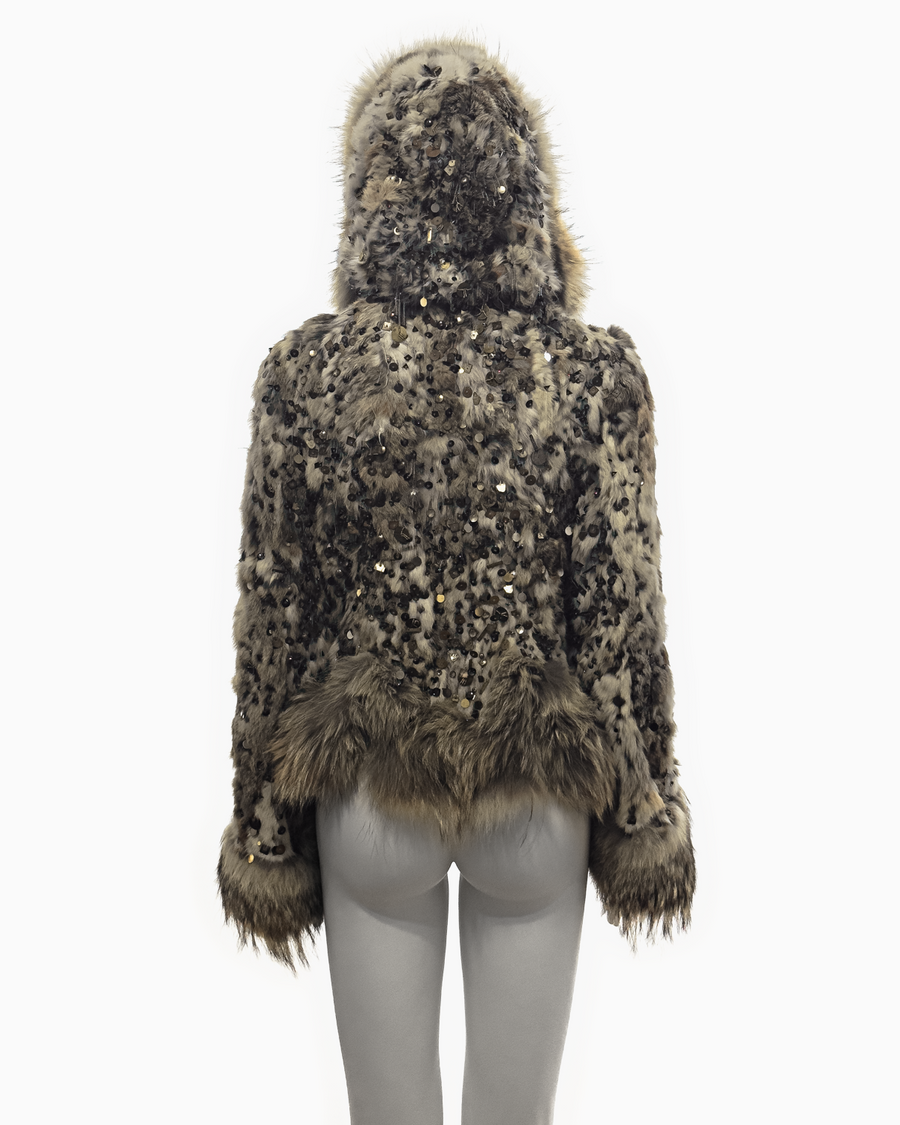 Alexander McQueen Beige Rabbit and Fox Fur Hooded Jacket with Bronze, Metal and Sequin Beads Embroidery, Fall/Winter 2003