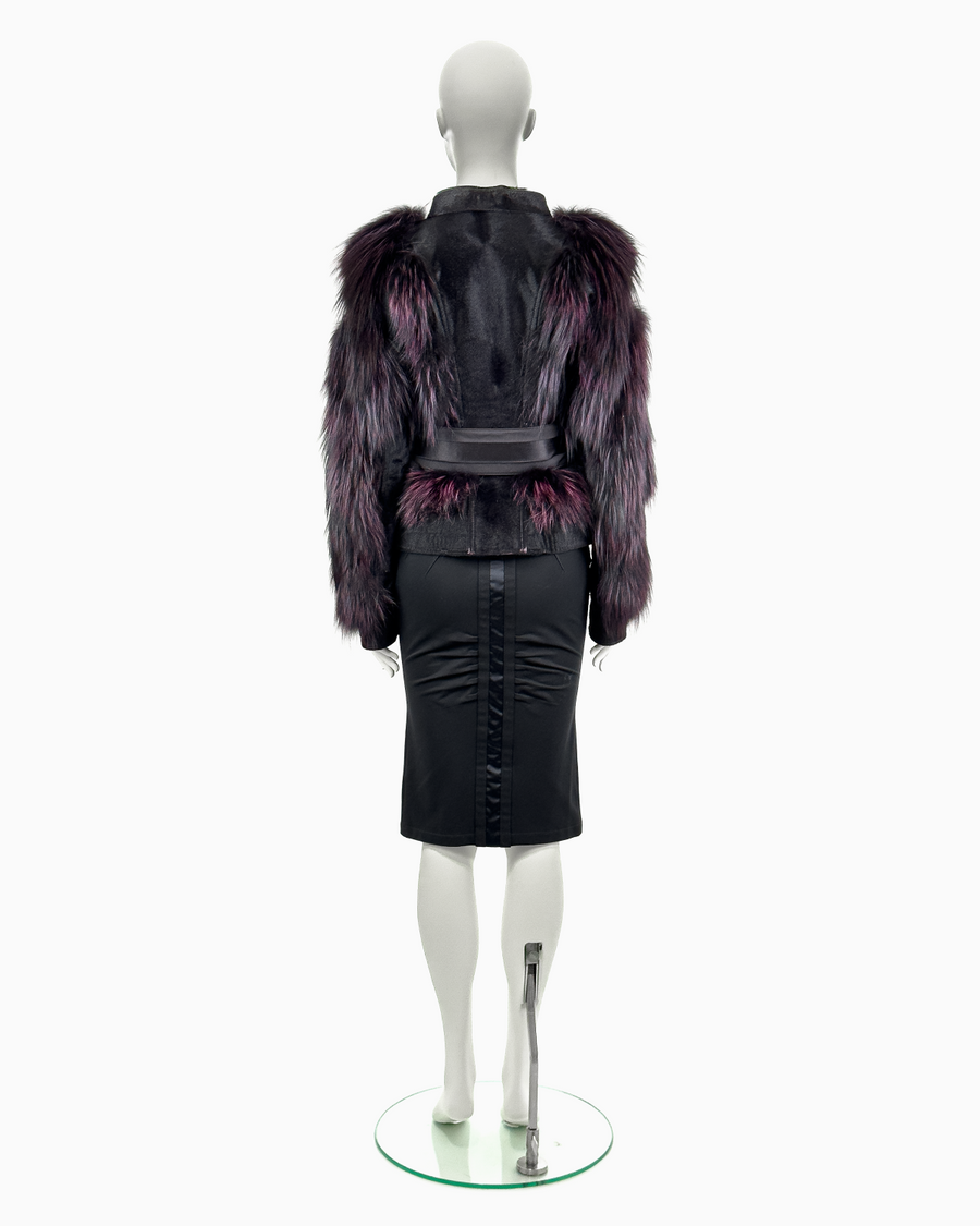 Gucci by Tom Ford Violet Fox Fur Leather Jacket with Corset Belt And Pencil Skirt Ensemble, Fall/Winter 2004