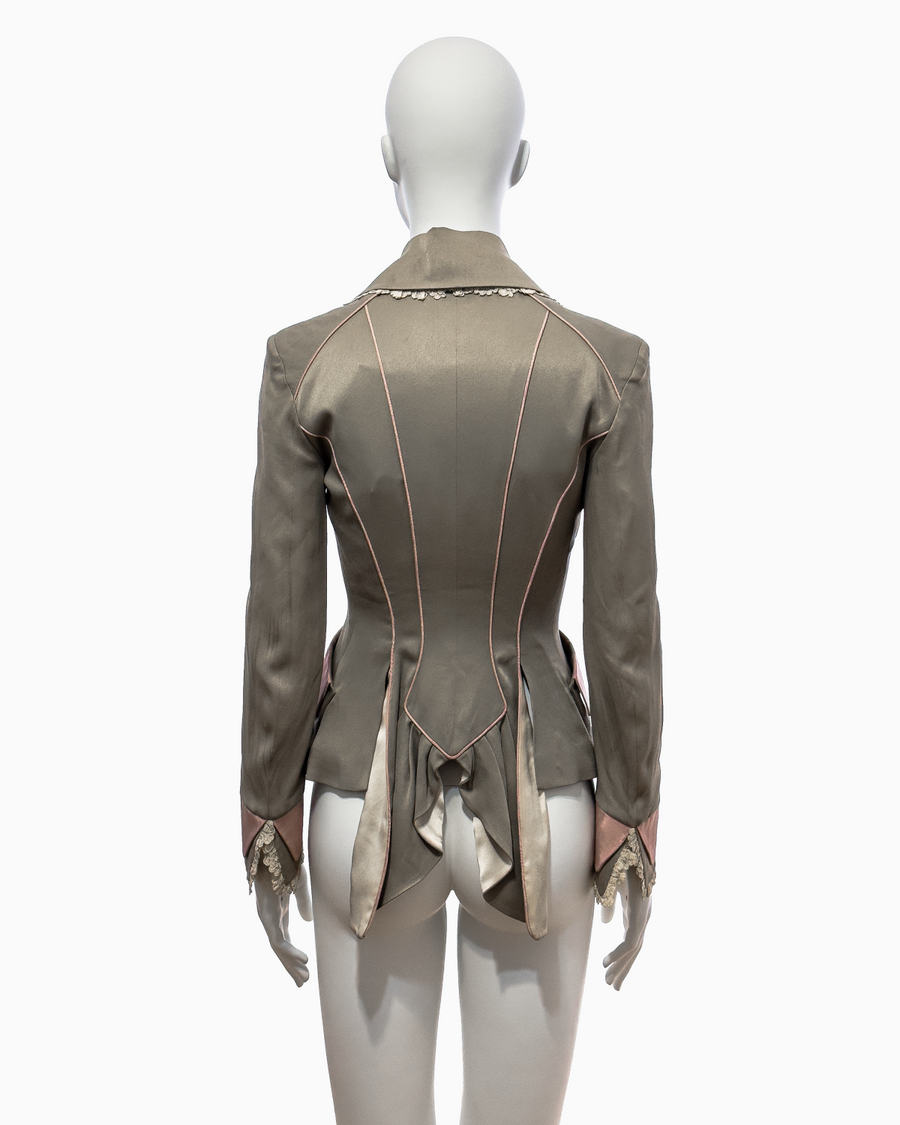 John Galliano Khaki Silk Jacket with Pink Moiré Accents and Lace Trim, Spring/Summer 1995