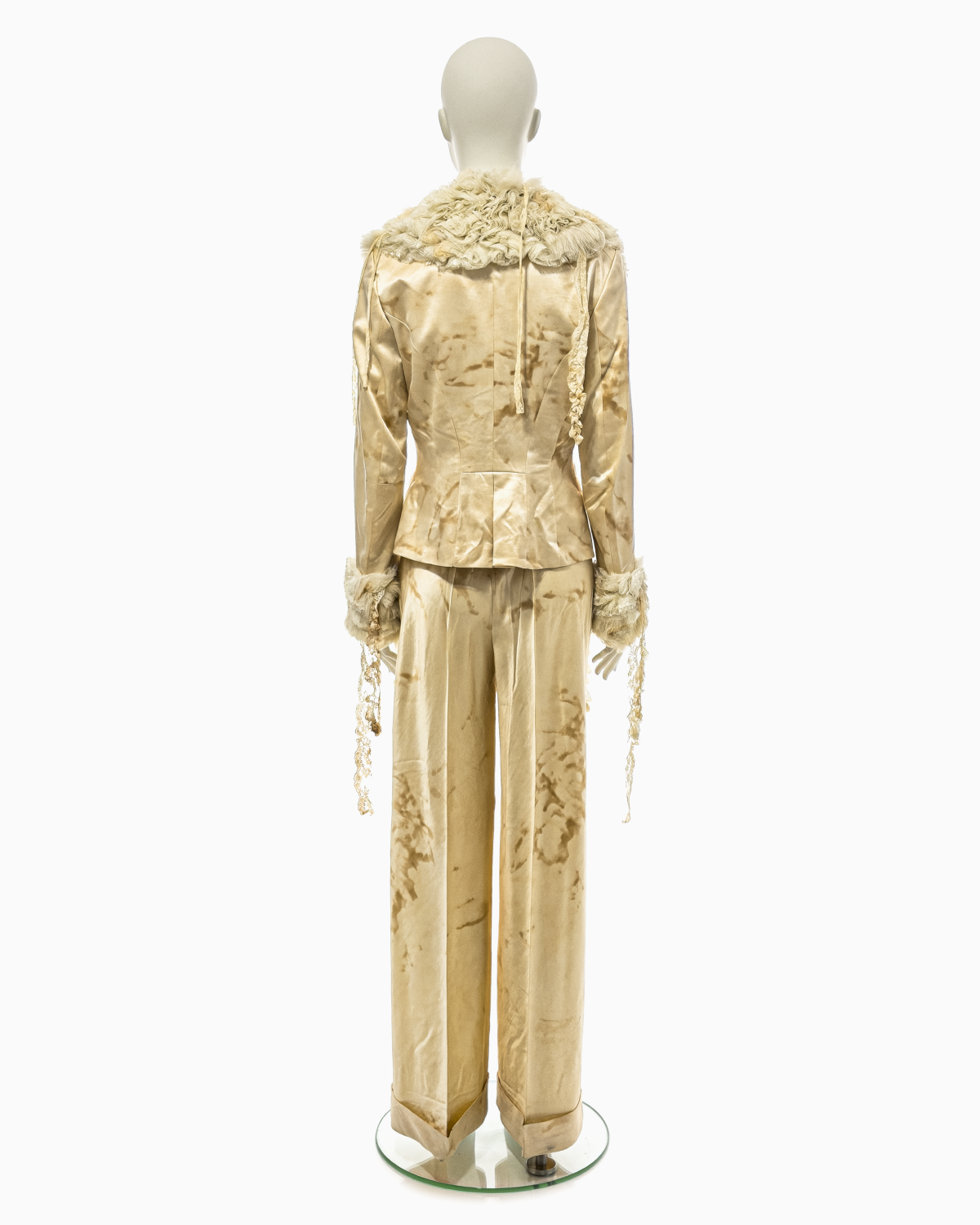 John Galliano Tea-Stained Cream Silk Top, Jacket and Pant Ensemble with Mongolian Lamb and Antique Lace Details, Fall/Winter 2001