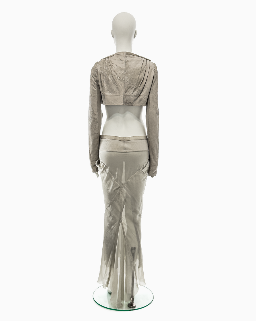 Rick Owens Pearl Blistered Lamb Bolero with Silk Bows and Pearl Bias-Cut Coba Skirt Ensemble, Spring/Summer 2007 "Wishbone"