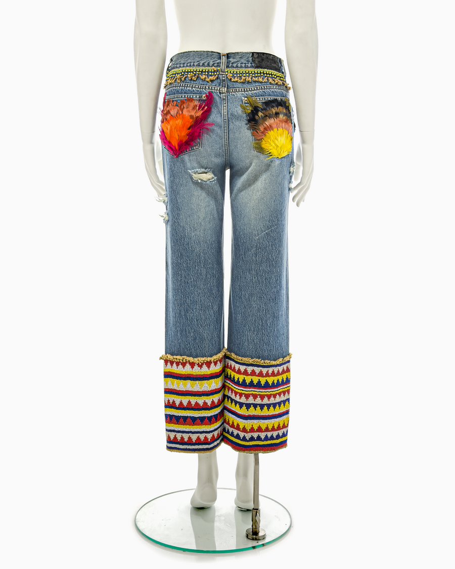 Gucci by Tom Ford Blue Distressed Beaded Jeans with Feathers, Spring/Summer 1999