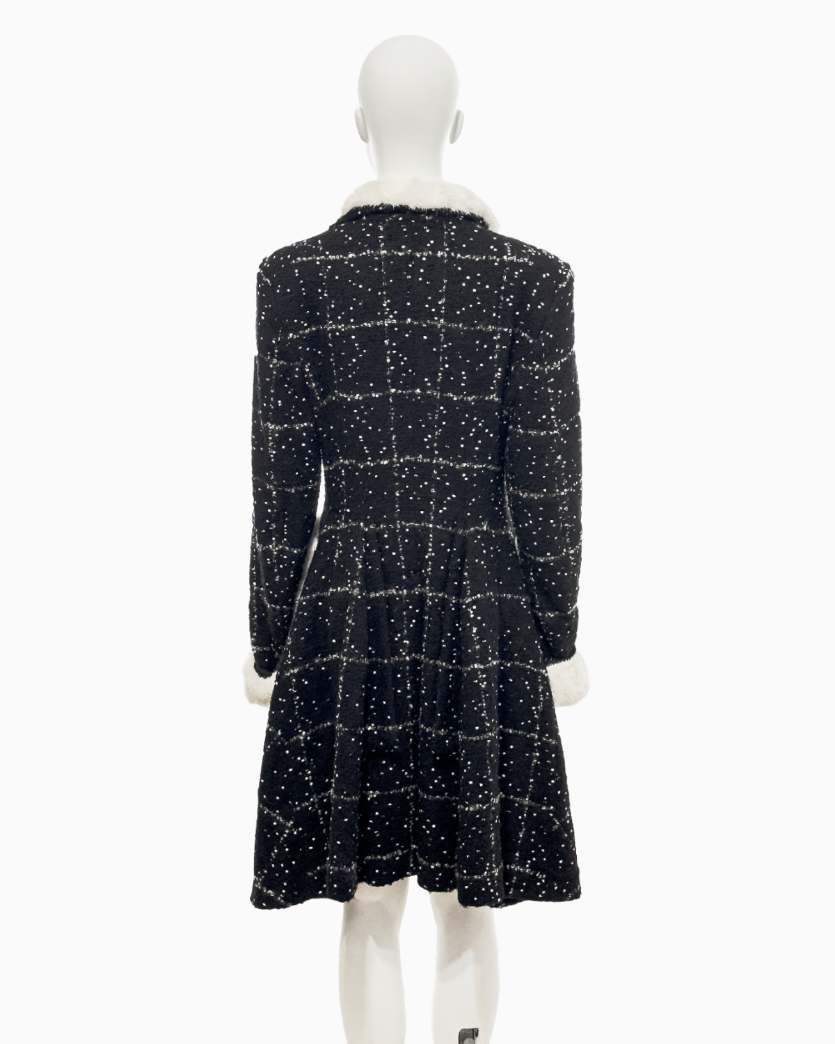 John Galliano Black Checkered Wool Coat with White Speckles and Fox Fur Trimming, Fall/Winter 1996