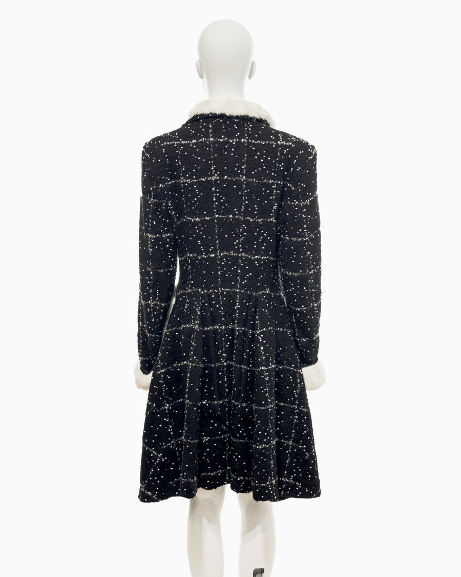 John Galliano Black Checkered Wool Coat with White Speckles and Fox Fur Trimming, Fall/Winter 1996