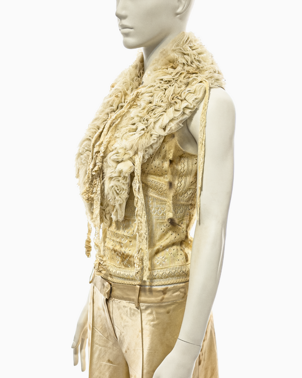John Galliano Tea-Stained Cream Silk Top, Jacket and Pant Ensemble with Mongolian Lamb and Antique Lace Details, Fall/Winter 2001
