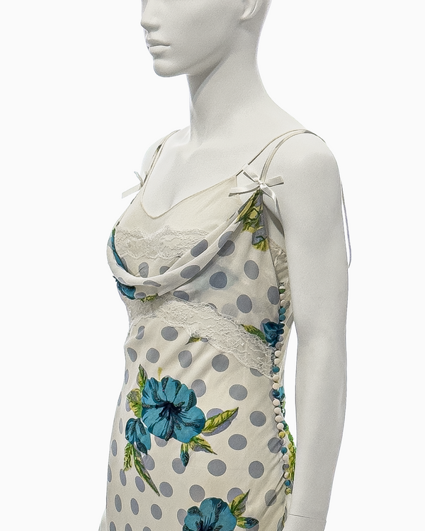 Christian Dior by John Galliano Blue Polka Dotted White Silk Midi Dress with Bows, Lace Details and Sequined Floral Motifs, Spring/Summer 2005